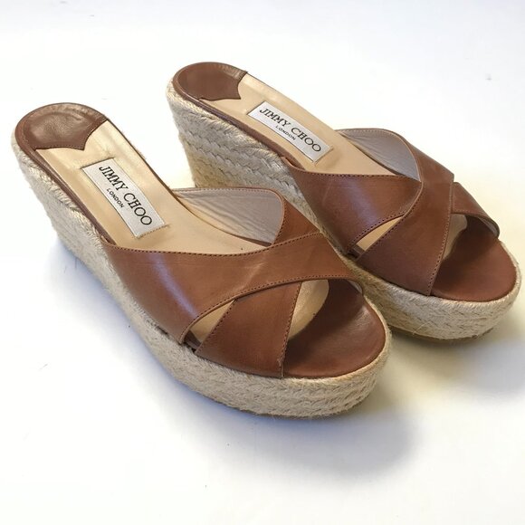 Jimmy Choo Dovina Wedge Sandals Womens 39 Brown Leather Open Toe Criss Cross - Picture 6 of 13